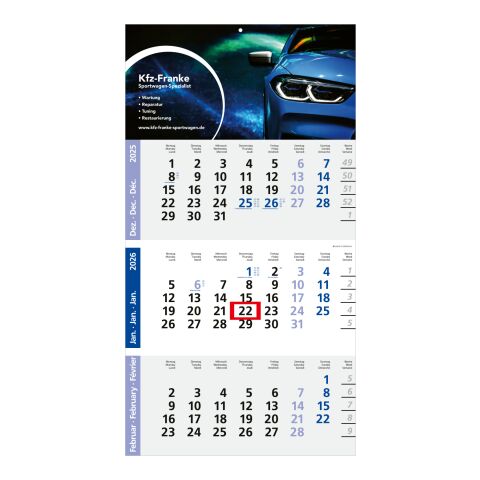 3-Monatskalender Logic 3 Post Bestseller (Einblatt) Hellgrau-rot | ohne Werbeanbringung