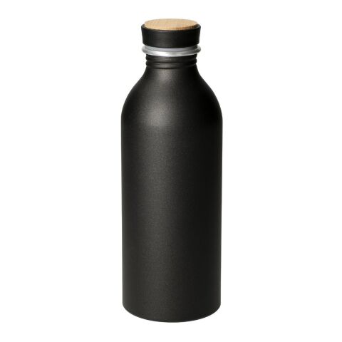 Werbeartikel Aluminium Trinkflasche 650 ml Breeze recyceltes Aluminium Bambusdeckel auslaufsicher BPA-frei kohlensäuregeeignet – schwarz – mit Logo