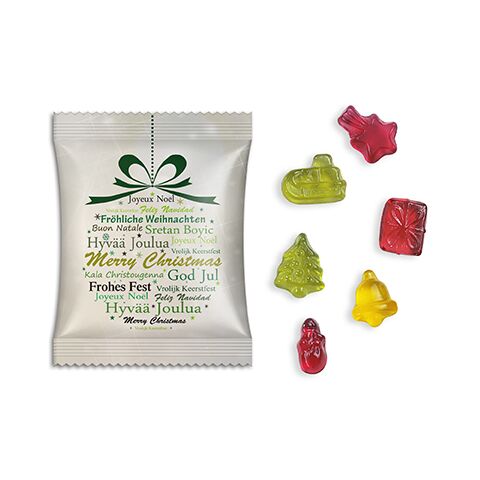 Fruchtgummi im Standardtütchen Frohe Weihnachten (mehrsprachig) ohne Werbeanbringung | Nicht verfügbar
