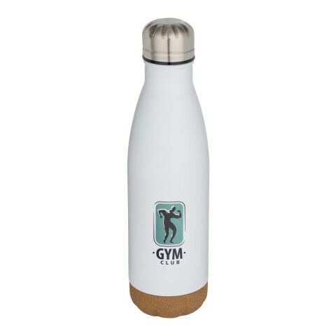 Werbeartikel Cove 500 ml doppelwandige, vakuumisolierte Trinkflasche aus Edelstahl mit Korkdetails – absolutes weiß – mit Logo bedruckt
