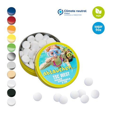 XS-Taschendose mit Stevia*-Pfefferminzpastillen, 18g 5-farbiger Tampondruck