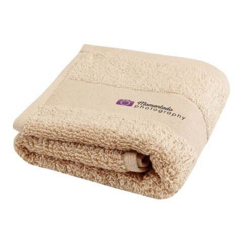 Nachhaltiger Werbeartikel Sophia 450 g/m² Baumwollhandtuch 30 x 50 cm – beige – mit Logo bedruckt