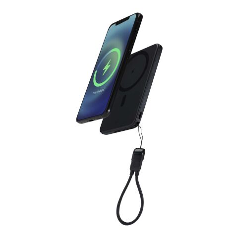 SMART 5000 mAh Powerbank aus recyceltem Kunststoff mit Magnetverschluss und Lanyard schwarz