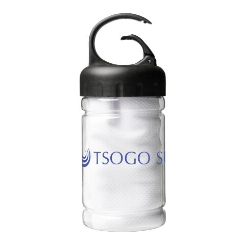 Werbeartikel Remy Kühlhandtuch in PET-Behälter – weiß – mit Logo bedruckt