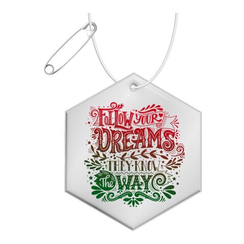 RFX™ sechseckiger reflektierender PVC-Aufhänger weiss | 1-farbiger Siebdruck | Rückseite | 56 mm x 48 mm