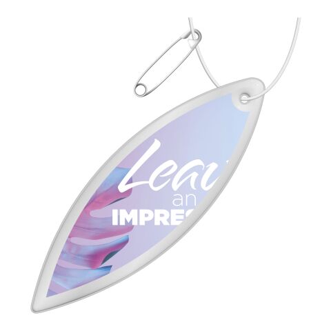 RFX™ ellipsenförmiger reflektierender PVC-Aufhänger weiss | 1-farbiger Siebdruck | Vorderseite | 94 mm x 27 mm