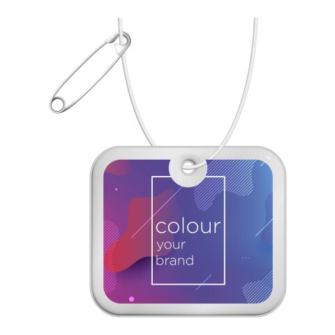 RFX™ rechteckiger reflektierender XL-PVC-Aufhänger weiss | 1-farbiger Siebdruck | Vorderseite | 46 mm x 37 mm