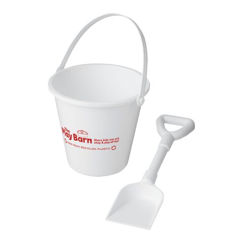 Nachhaltiger Werbeartikel Tides recycelter Strandeimer und Spaten – weiß – mit Logo bedruckt