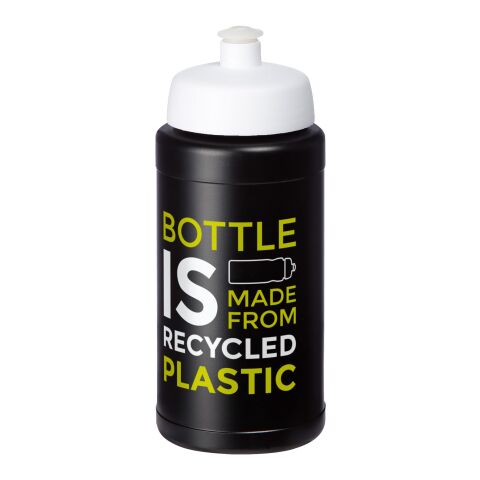 Werbeartikel Baseline 500 ml Sportflasche aus In-house recyceltem Kunststoff Made in UK mit Push-Pull-Verschluss – schwarz-weiß – mit Logo bedruckt