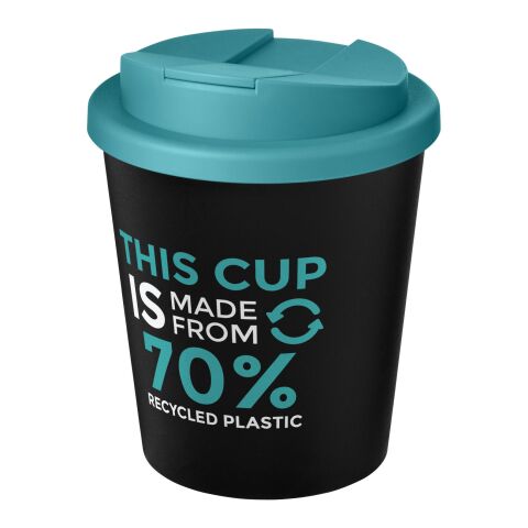 Americano® Espresso Eco 250 ml recycelter Isolierbecher mit auslaufsicherem Deckel schwarz-aquablau | 1-farbiger Siebdruck | rundum | 228 mm x 50 mm