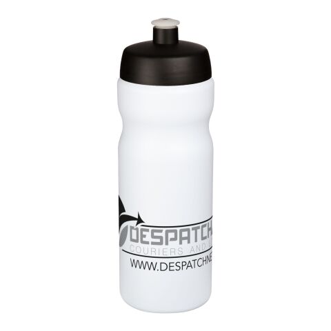 Werbeartikel Baseline® Plus 650 ml Sportflasche einwandig Made in UK mit auslaufsicherem Push-Pull-Deckel & Griffzone – transparent-schwarz – mit Logo