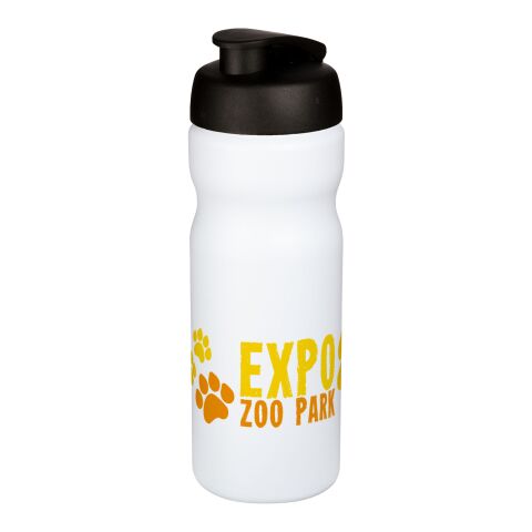 Werbeartikel Baseline® Plus 650 ml Sportflasche einwandig mit auslaufsicherem Klappdeckel Made in UK – weiß-schwarz – mit Logo bedruckt