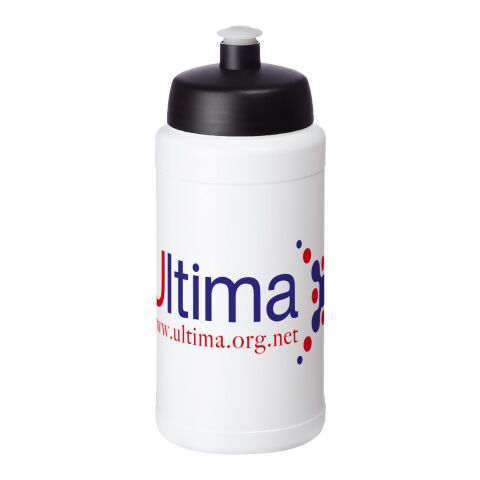 Werbeartikel Baseline® Plus 500 ml Sportflasche einwandig Made in UK mit auslaufsicherem Push-Pull-Deckel & Griffzone – weiß-schwarz – mit Logo