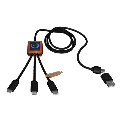 SCX.design C38 5-in-1 Ladekabel aus rPET in quadratischem Bambusgehäuse mit Leuchtlogo
