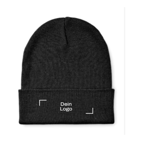 Werbeartikel Beanie mit Bündchen – schwarz – mit Logo bedruckt