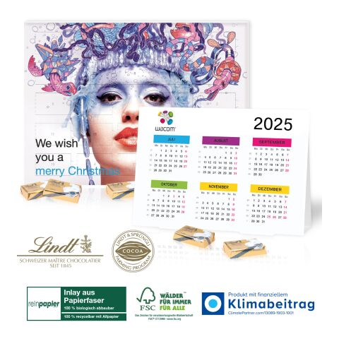 „2 in 1“ Adventskalender Lindt mit Jahresplaner, Inlay aus Papierfaser bunt | 4C Digital-/Offsetdruck