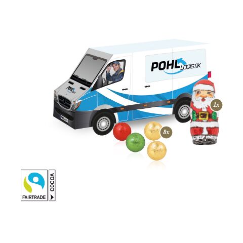 3D Präsent &quot;Transporter&quot; bunt | 4C Digital-/Offsetdruck | Fairtrade® Schokolade