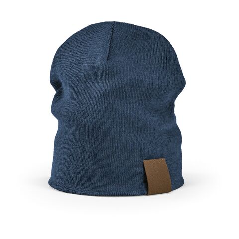 Werbeartikel Marley Mütze aus rPET. Mit personalisierbarem Aufnäher – blau – mit Logo bedruckt