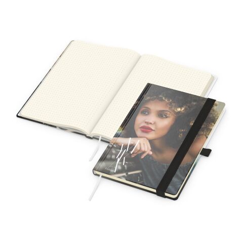 Notizbuch Match-Book Papier-Hardcover individuell bedruckt Schwarz | DIN A5 | ohne Werbeanbringung | glänzend | Cremefarben/Punktraster