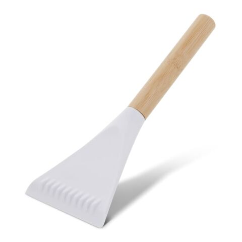 Werbeartikel Eisschaber aus Bambus und R-PP – weiß – mit Logo bedruckt