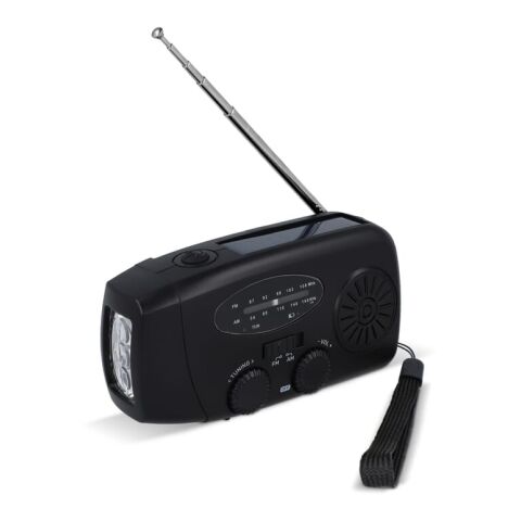 Werbeartikel SafeSound Notfallradio Solar und Powerbank mit Handaufzug – schwarz – mit Logo bedruckt