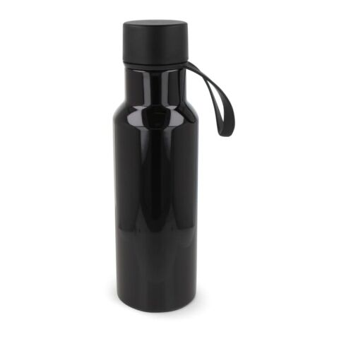 Werbeartikel Nouvel 600 ml Wasserflasche aus recyceltem R-PET mit Gummigriff & Kunststoffdeckel bis 65°C geeignet – schwarz – mit Logo bedruckt