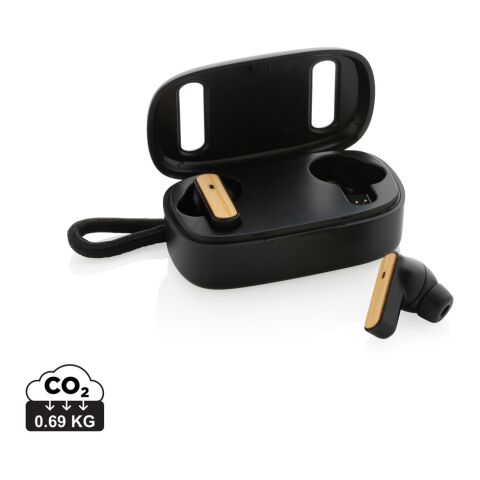 TWS-Ohrhörer aus recyceltem RCS-Kunststoff und FSC®-Bambus schwarz | ohne Werbeanbringung | Nicht verfügbar | Nicht verfügbar