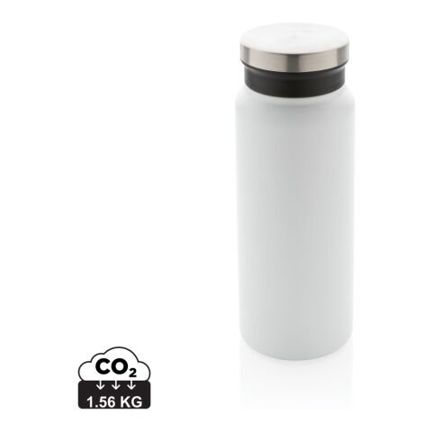 Werbeartikel RCS 600 ml Vakuumflasche, Thermosflasche aus recyceltem Stainless Steel doppelwandig & auslaufsicher mit weiter Öffnung – weiß – mit Logo