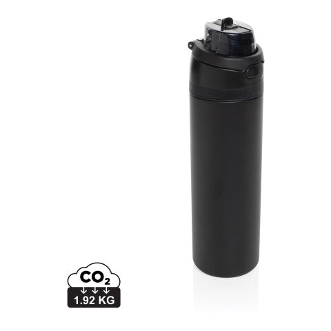 Werbeartikel Omni Sip 700 ml Wasserflasche aus RCS recyceltem Edelstahl mit Duo-Trinksystem Strohhalm & Weitöffnung – schwarz – mit Logo bedruckt