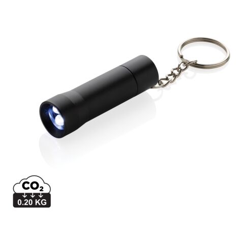 Werbeartikel Flash Schlüsselanhänger-Taschenlampe aus RCS rec. Aluminium – schwarz – mit Logo bedruckt