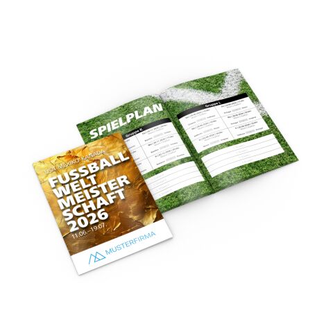 WM-Miniplaner Spielplan-Magazin Fußball-WM 2026 DIN A6 | Nicht verfügbar | ohne Werbeanbringung | Motiv Pokalgold + Werbung