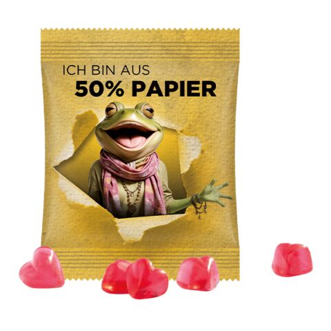 Minitüte 15g, Fruchtgummi Standardformen weiß | 4c Euroskala - Folie | Herzrot | Folie mit ca. 50% Papier