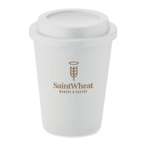 Werbeartikel Doppelwandiger Becher, Thermobecher PP 300 ml mit Deckel – weiß – mit Logo bedruckt
