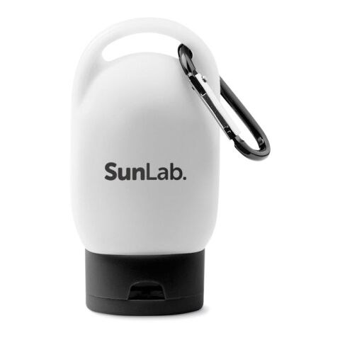 Werbeartikel Sonnencreme mit Karabiner – schwarz – mit Logo bedruckt