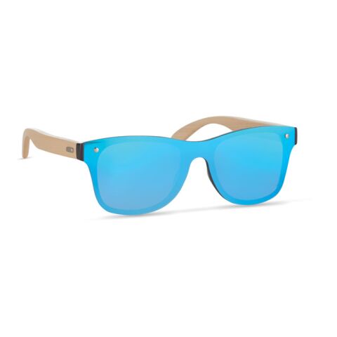 Werbeartikel Sonnenbrille mit Bügeln aus Bambus – blau – mit Logo bedruckt