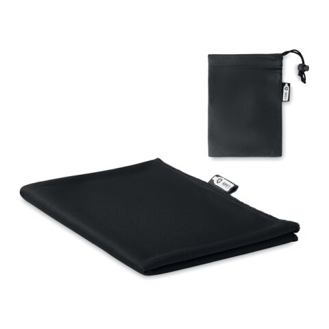 Werbeartikel RPET Sporthandtuch mit Beutel – schwarz – mit Logo bedruckt