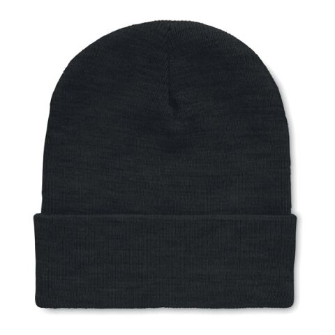 Werbeartikel Beanie mit Umschlag RPET – schwarz – mit Logo bedruckt
