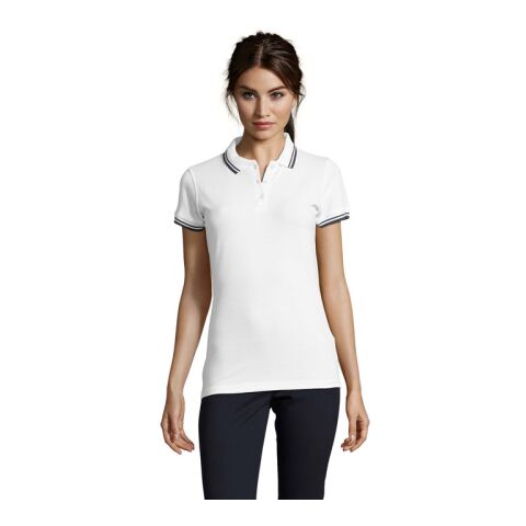 PASADENA Damen Polo 200g weiß/marine | M | 1-farbiger Siebdruck | Vorderseite | 200 mm x 200 mm | Nicht verfügbar