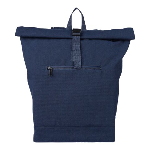 Werbeartikel Rolltop-Rucksack Thaddeus aus recyceltem Poly-Baumwollgewebe (330 g/m²) – blau – mit Logo bedruckt