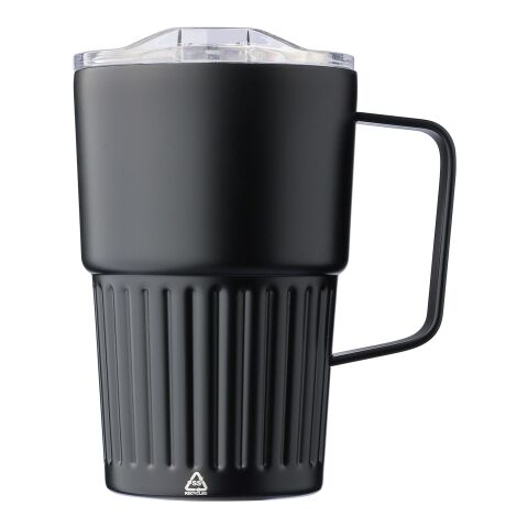 Werbeartikel Recycelter Edelstahl-Reisebecher, Thermobecher mit doppelter Wand (450 ml) von Calo – schwarz – mit Logo bedruckt