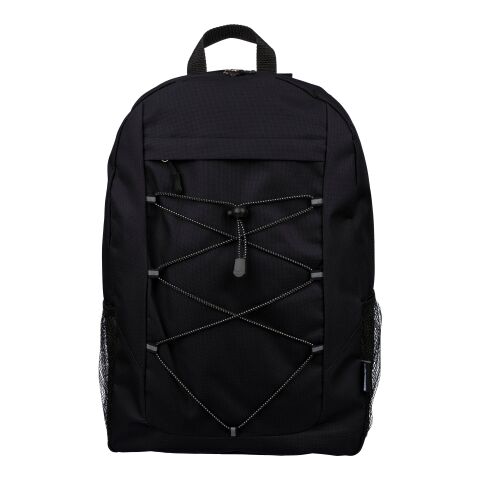 Werbeartikel rPET-Polyester (600D) Abenteuerrucksack Jari – schwarz – mit Logo bedruckt