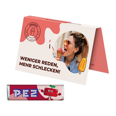 Werbekarte Visitenkartenformat ohne Werbeanbringung | 1 PEZ Bonbonriegel, Kirsche