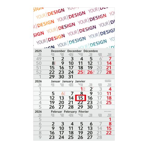 3-Monatskalender Budget 3 Recycling (Einblatt) Hellgrau-rot | ohne Werbeanbringung | Rot