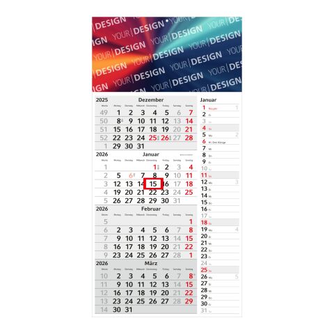 4-Monatskalender Konzept 4 Post Bestseller (Einblatt) Hellgrau-rot | ohne Werbeanbringung