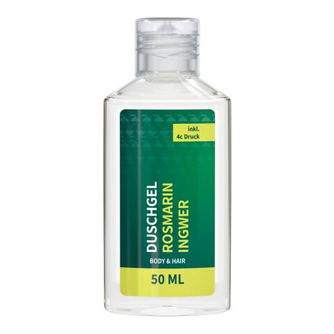 50 ml Flasche - Duschgel Rosmarin-Ingwer - Body Label Transparent | ohne Werbeanbringung