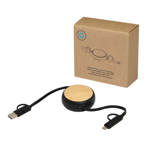 Chechia 100cm 5-in-1 Kabel aus recyceltem Kunststoff, einziehbar, für Datenübertragung und 45W Schnellladung mit Bambusdetails Standard | schwarz | ohne Werbeanbringung | Nicht verfügbar | Nicht verfügbar