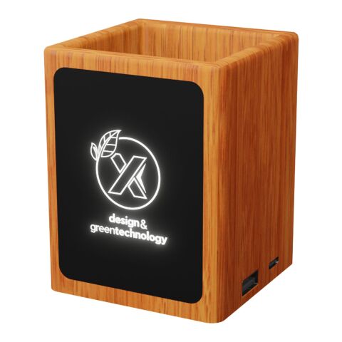 SCX.design O12 Stifthalter aus Holz mit doppeltem USB-Ausgang und Leuchtlogo holz | ohne Werbeanbringung | Nicht verfügbar | Nicht verfügbar