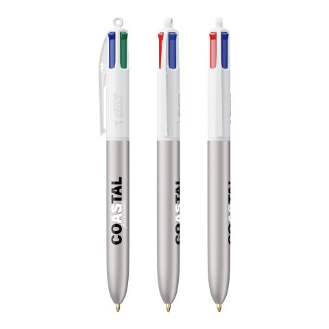 BIC® 4 Colours Glacé Kugelschreiber Weiß-Silber | 1-farbiger Siebdruck | Upper Part-Gegenüber vom Clip | 22.00 mm x 10.00 mm