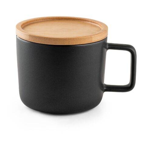 FANGIO. Tasse aus Keramik 220ml mit Deckel aus Bambus, der als Untersetzer dient schwarz | ohne Werbeanbringung | Nicht verfügbar | Nicht verfügbar | Nicht verfügbar