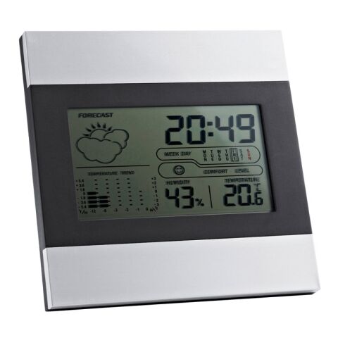 DENE. Tischwetterstation mit LCD-Bildschirm aus Aluminium und ABS Silber | ohne Werbeanbringung